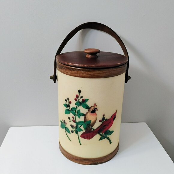 Vintage Bacova Guild Fiberglass Ice Bucket Leather Handle Cardinal Chickadee Bir - Picture 1 of 13